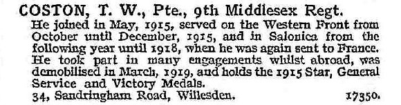 Coston T W Pte 9th Middlesex Regiment