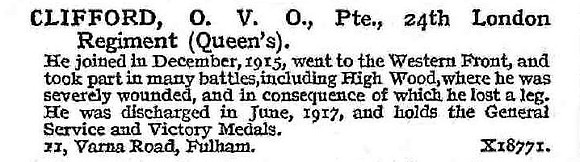 Clifford O V O Pte 24th London Regiment