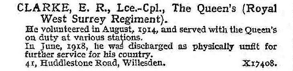 Clarke E R L/Cpl Queens Royal West Surrey Regiment