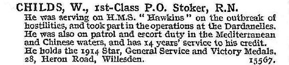 Childs W 1st Class PO Stoker HMS Hawkins Royal Navy
