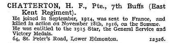 Chatterton H F Pte 7th East Kent Regiment