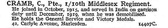 Cramb C Pte 10th Middlesex Regiment