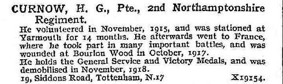 Curnow H G Pte 2nd Northamptonshire Regiment
