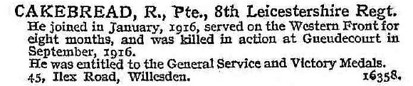Cakebread R Pte 8th Leicestershire Regiment