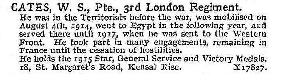 Cates W S Pte 3rd London Regiment