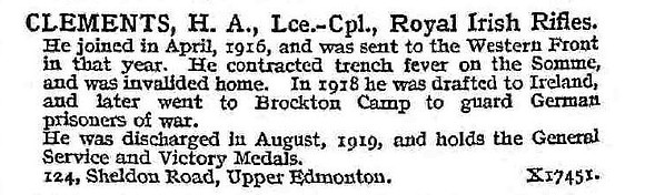 Clements H A L/Cpl Royal Irish Rifles