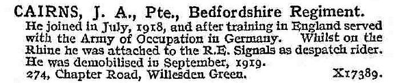 Cairns J A Pte Bedfordshire Regiment