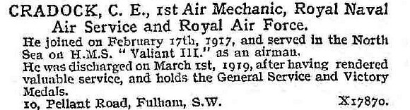 Cradock C E 1st Air Mech Royal Naval Air Service And Royal Air Force