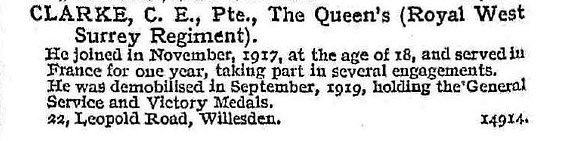 Clarke C E Pte Queen's Royal West Surrey Regiment