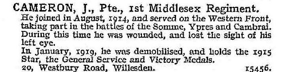 Cameron J Pte 1st Middlesex Regiment