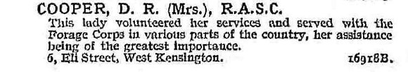 Cooper D R Mrs Army Service Corps
