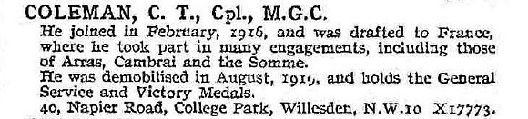 Coleman C T Cpl Machine Gun Corps