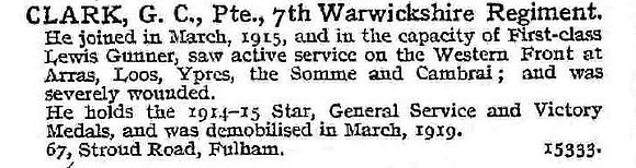 Clark G C Pte 7th Royal Warwickshire Regiment