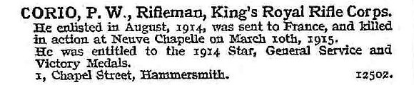 Corio P W Rfn King's Royal Rifle Corps