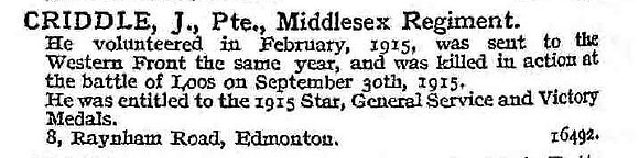 Criddle J Pte Middlesex Regiment