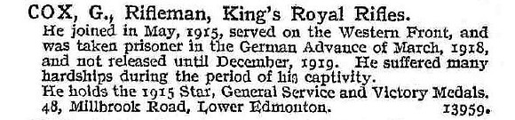 Cox G Rfn Kings Royal Rifle Corps