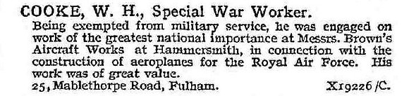 Cooke W H Mr Special War Worker