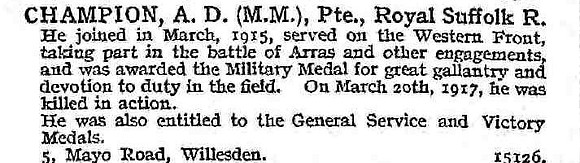 Champion A D Pte MM Royal Suffolk Regiment