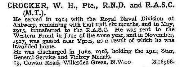 Crocker W H Pte Royal Naval Division And Army Service Corps