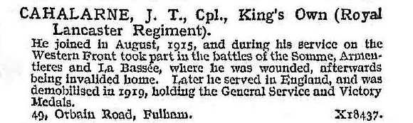 Cahalarne J T Cpl Kings Own Royal Lancaster Regiment