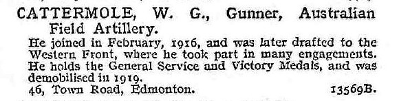 Cattermole W G Gnr Australian Field Artillery