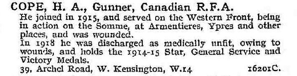 Cope H A Gnr Canadian Royal Field Artillery