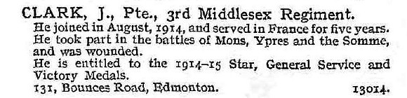 Clark J Pte 3rd Middlesex Regiment