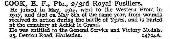 Cook E F Pte 2/3rd Royal Fusiliers