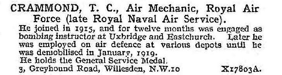 Crammond T C Air Mech Royal Naval Air Service And Royal Air Force