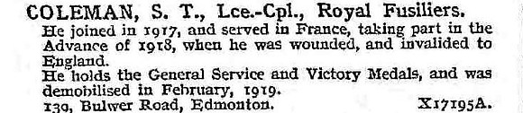 Coleman S T L/Cpl Royal Fusiliers