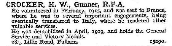 Crocker H W Gnr Royal Field Artillery