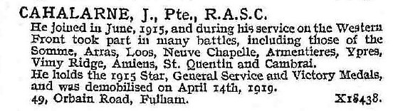Cahalarne J Pte Army Service Corps