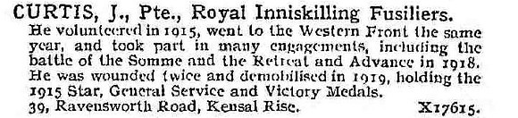 Curtis J Pte Royal Inniskilling Fusiliers