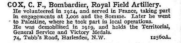 Cox C F Bmdr Royal Field Artillery