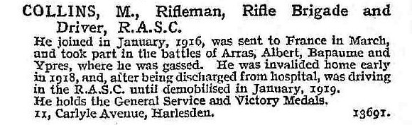 Collins M Rfn Rifle Brigade And Army Service Corps
