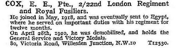 Cox E E Pte 22nd London Regiment And Royal Fusiliers