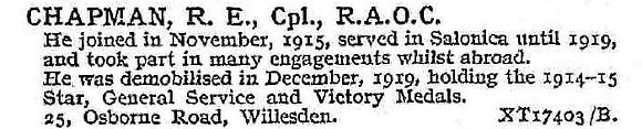 Chapman R E Cpl Army Ordnance Corps
