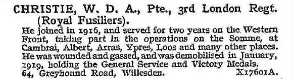 Christie W D A Pte 3rd London Regiment