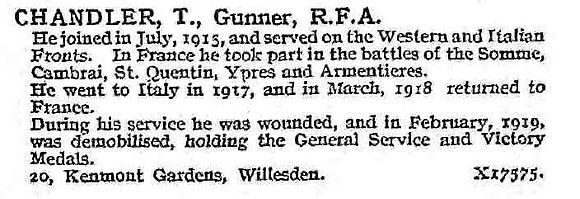 Chandler T Gnr Royal Field Artillery