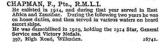 Chapman F Pte Royal Marine Light Infantry
