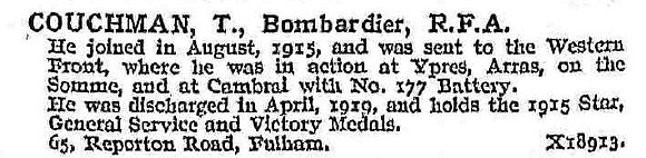 Couchman T Bmdr Royal Field Artillery