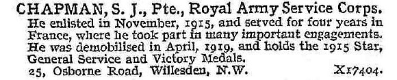 Chapman S J Pte Army Service Corps