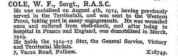 Cole W F Sergt Army Service Corps