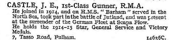 Castle J E 1st Class Gnr Royal Marine Artillery