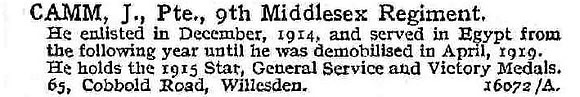 Camm J Pte 9th Middlesex Regiment