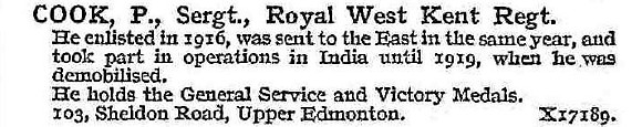 Cook P Sergt Queen's Own Royal West Kent Regiment