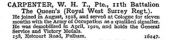 Carpenter W H T Pte 11th Queen's Royal West Surrey Regiment