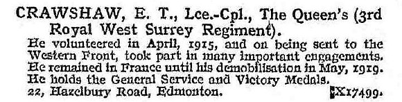 Crawshaw E T L/Cpl 3rd Royal West Surrey Regiment