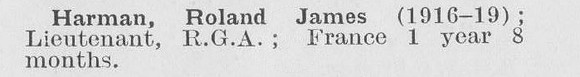 Harman R J Lt Royal Garrison Artillery