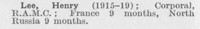 Lee H Cpl Royal Army Medical Corps (LCC Chief Engineers Department Central Office)